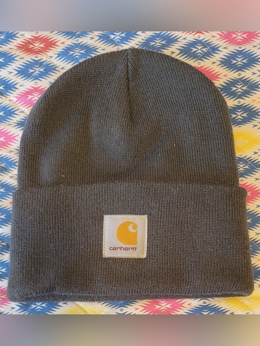 Carhartt Dark Gray Cuffed Beanie with Yellow Logo Patch